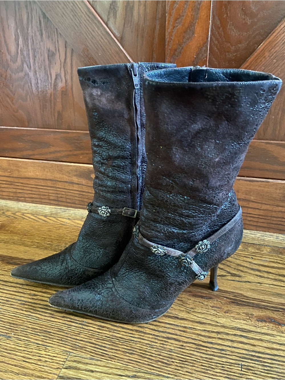 Roberto Cavalli Dark Brown Pointed-Toe Suede Mid-Calf Heeled Boots